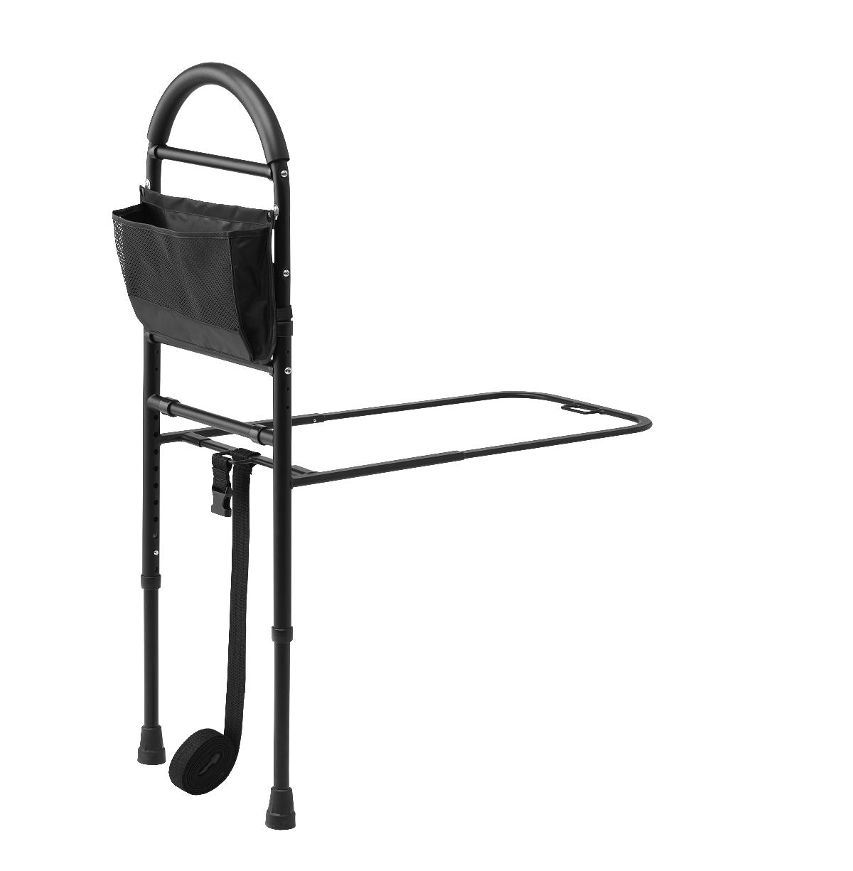 Medline bed assist bar with storage pocket, shown attached to side of bed