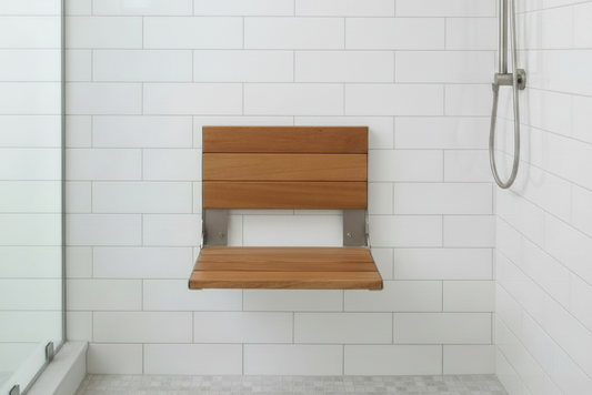 Teak Shower Seat as Primary Subject