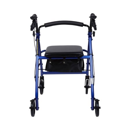 Blue four-wheel rollator — back view with carry pouch