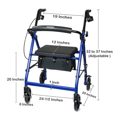 Blue four-wheel rollator dimensions diagram