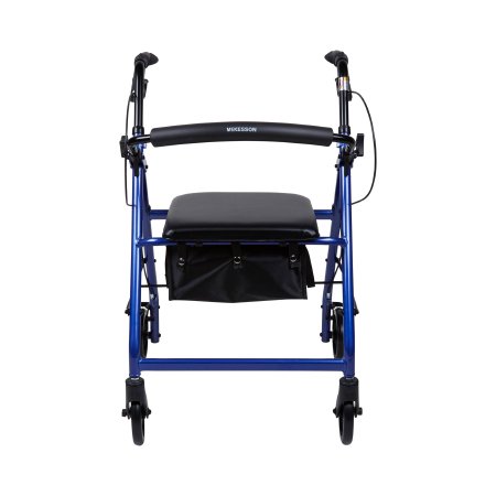 Blue four-wheel rollator — front view