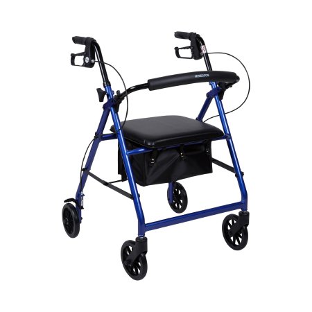 Blue four-wheel rollator with padded seat and loop-lock brakes — left view
