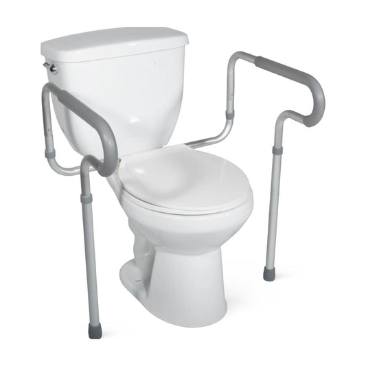 Drive toilet safety frame with padded armrests mounted on toilet