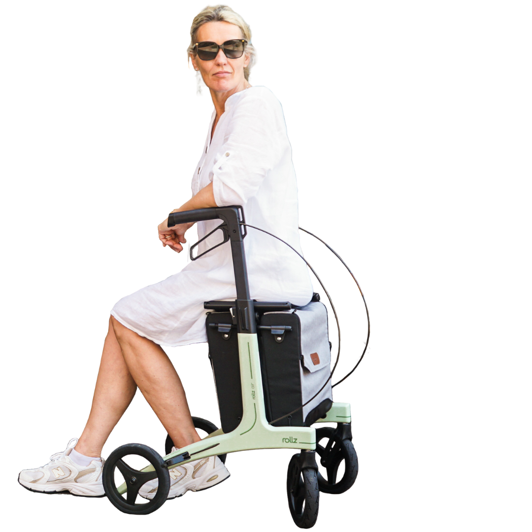 Rollz Air rollator side view showing seat and storage bags