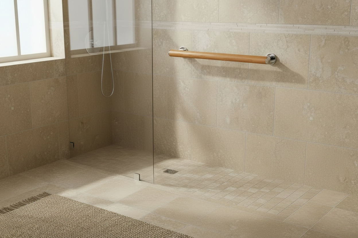 Real Ash Wood Grab Bar Next to Shower - Clean Foreground