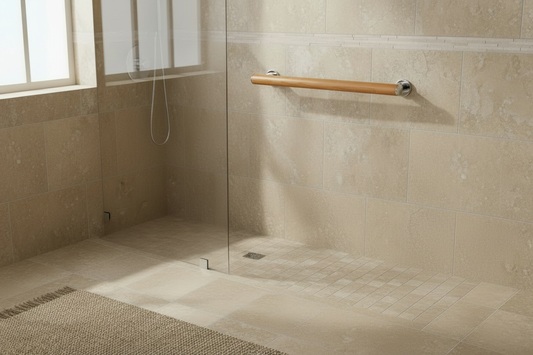 Real Ash Wood Grab Bar Next to Shower - Clean Foreground