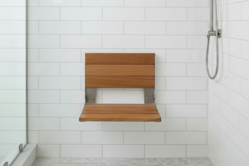 Teak Shower Seat as Primary Subject
