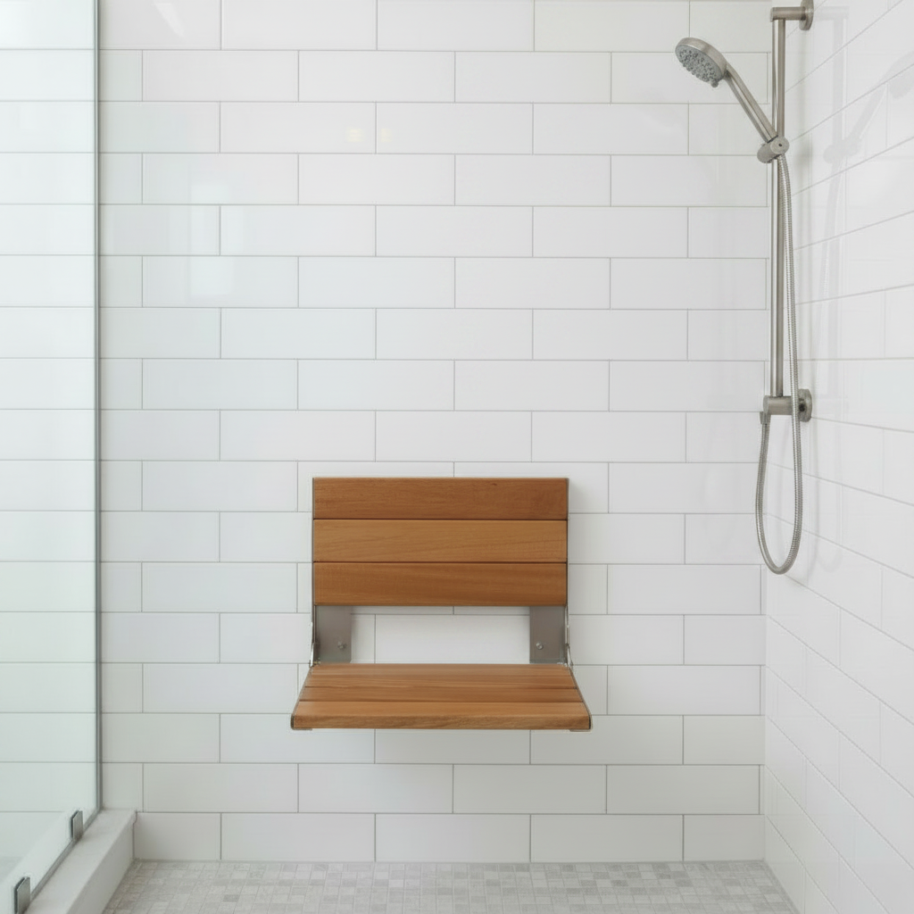 Teak Shower Seat as Primary Subject